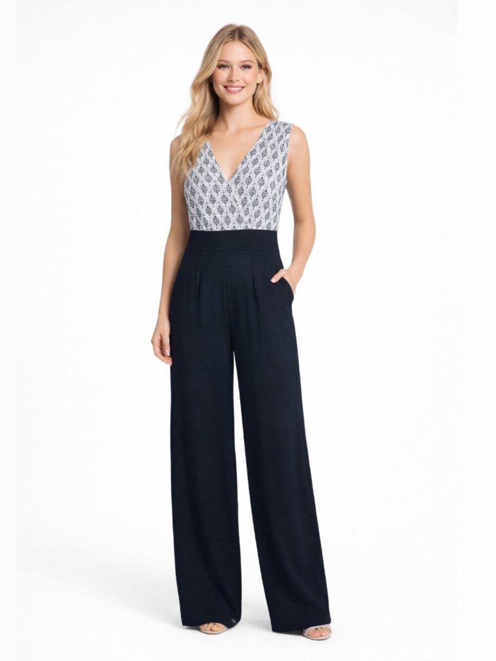 NWT White House Black Market Sleeveless VNeck Jumpsuit Kelly Diamond Ecru 4